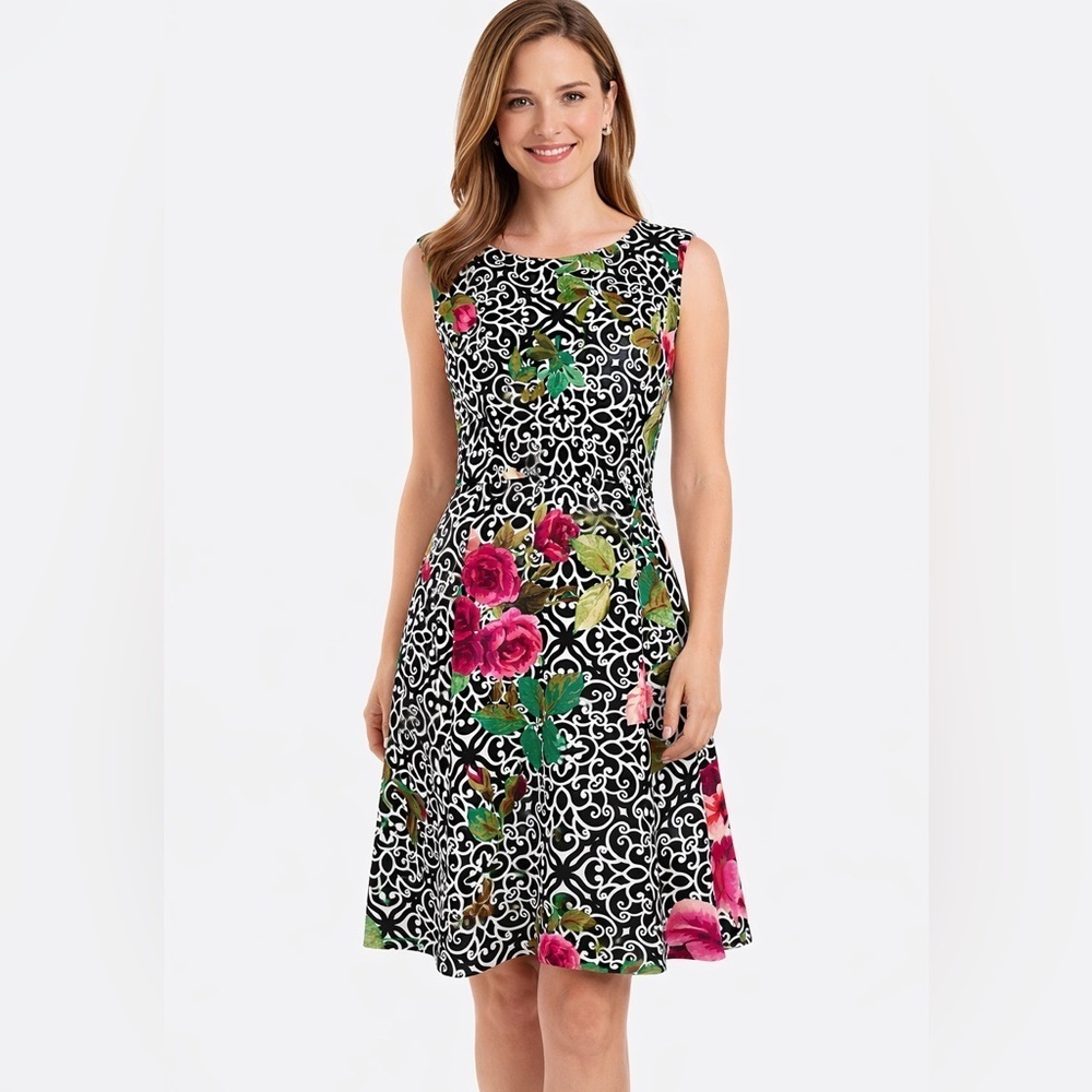 Joseph Ribkoff Fit Flare Black Pink Floral Mini Dress cottage stretch womens 8